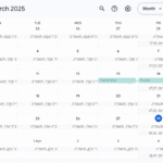 Google Calendar monthly view for March 2025 showing Hebrew dates below each Gregorian date. The calendar displays Jewish holidays like Purim and Shushan Purim, with Shabbat candle lighting and Havdalah times in Hebrew at the bottom of Friday and Saturday cells.